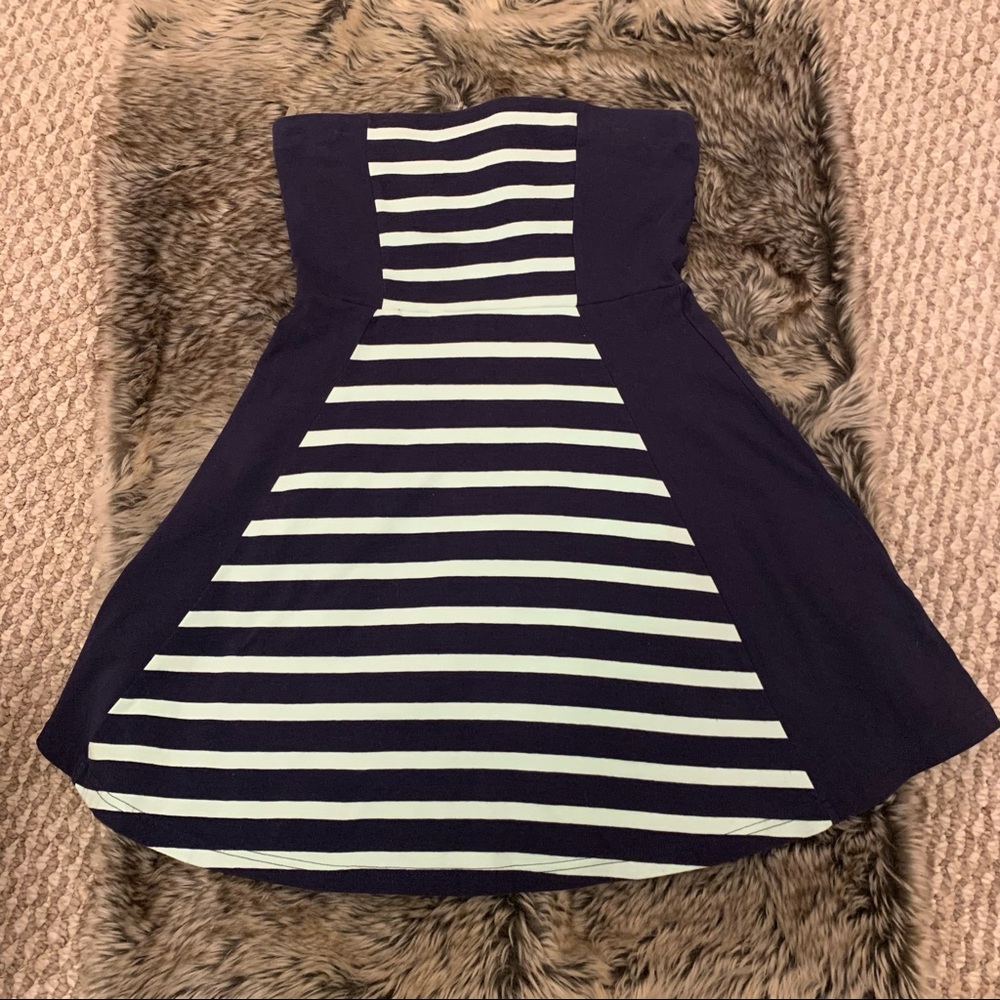 Express Navy Blue and Green Striped Strapless Swing Summer Dress